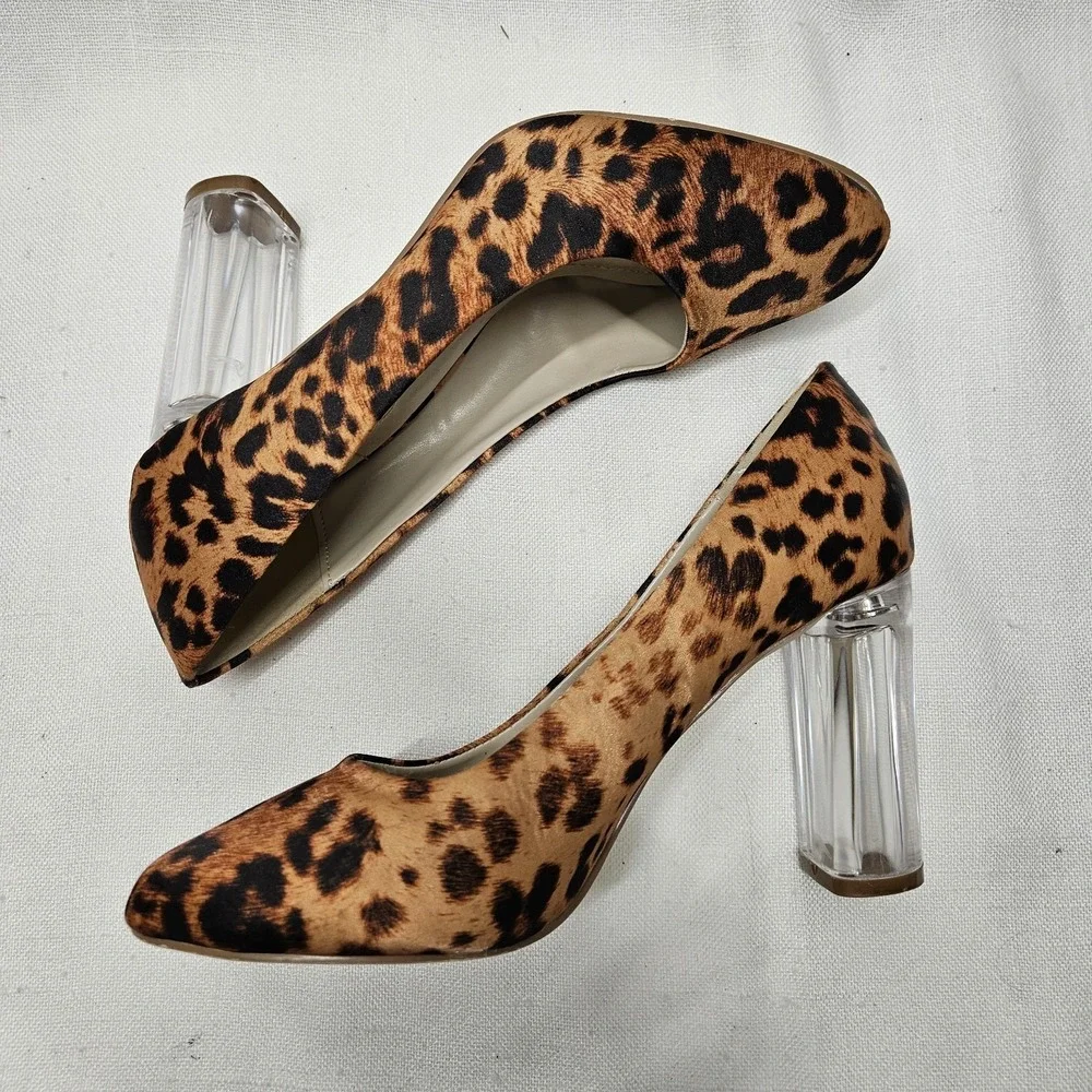 Woolworths Pumps Womens 5 Tan Leopard Animal Print Lucite Clear Block Heel Shoes